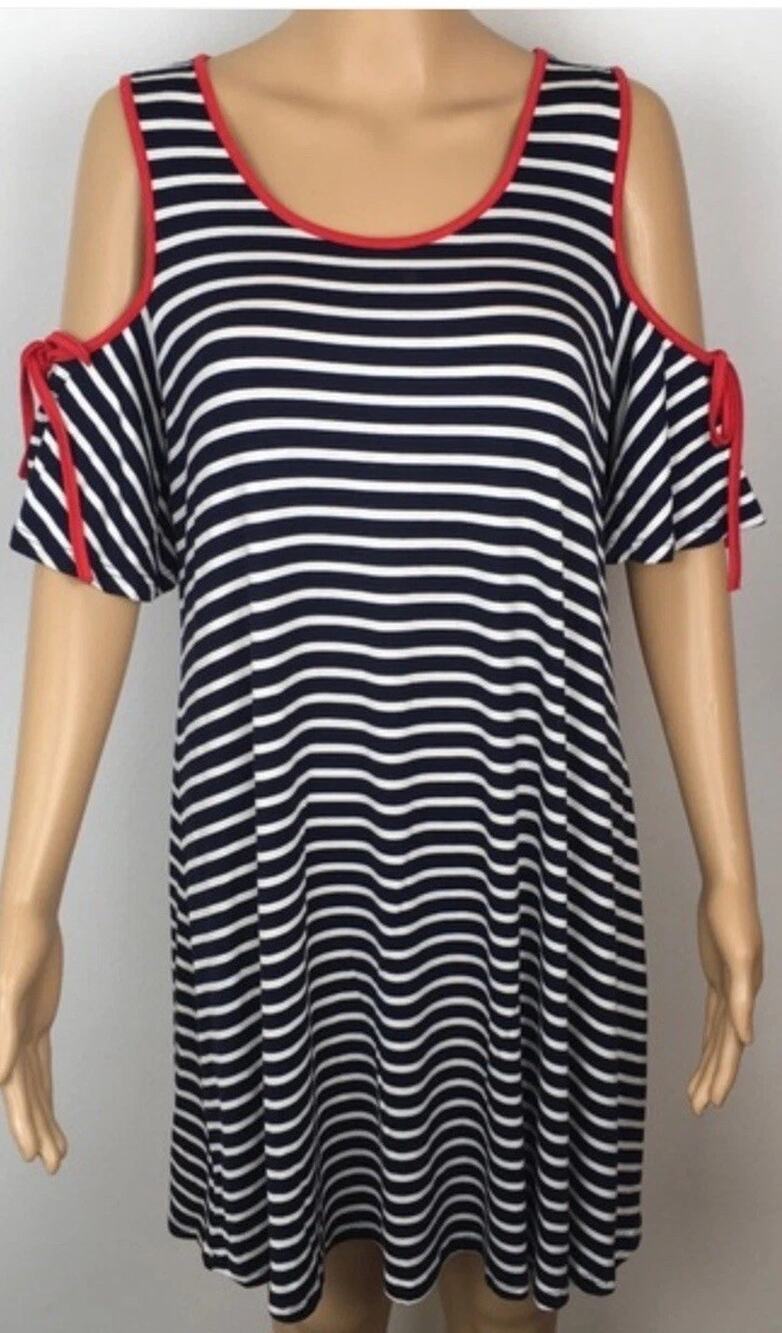 Sailor Striped Dress Womens S Blue White Yacht Cold Shoulder Mini Midi Red Trim